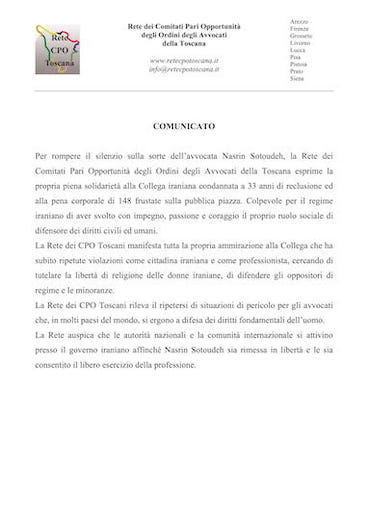Comunicato Rete CPO Toscana - Nasrin Sotoudeh